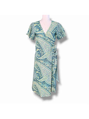 D’Ascoli M Green Blue Floral Paisley Boho Cotton Wrap Midi Dress NWOT V Neck